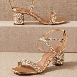 NWOT BHLDN Anthropologie Vicenza Mandi Gold Glitter Square Toe Heels Sz 6